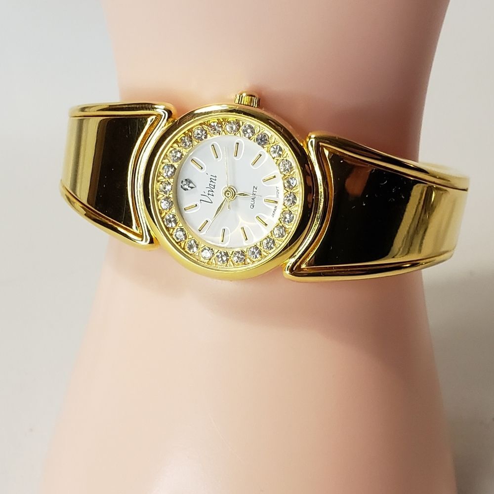 Vivani Quartz Watch Gold Bangle, Rhinestone face